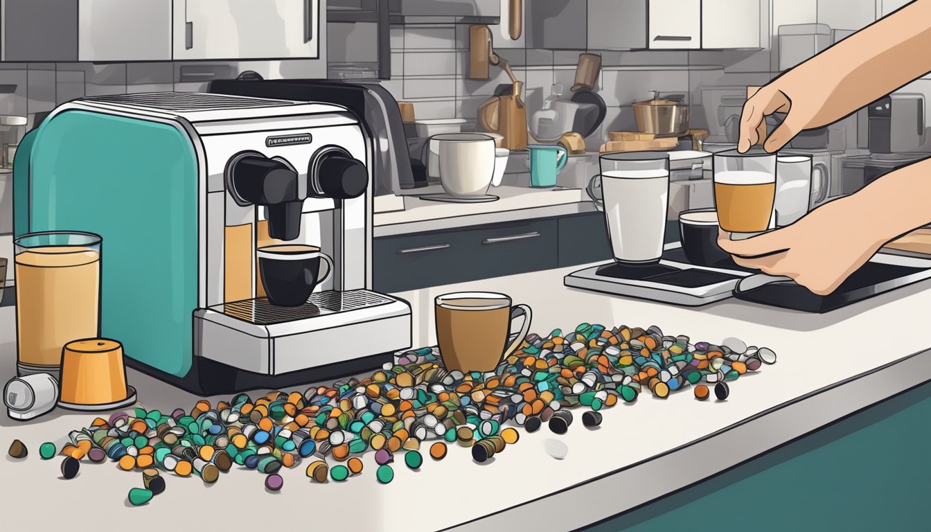 A cluttered kitchen counter with empty and full Nespresso capsules scattered around, a coffee machine in the background, and a person's hand reaching for another capsule