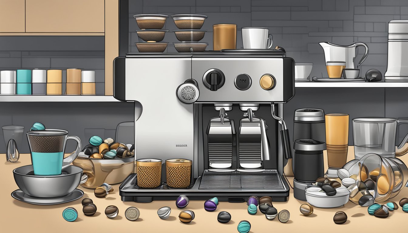 A cluttered kitchen counter with an overflowing Nespresso machine and scattered capsules