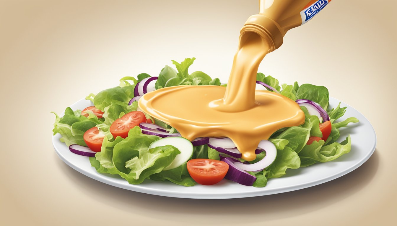 A bottle of Kraft Thousand Island dressing pouring excessively onto a plate of salad