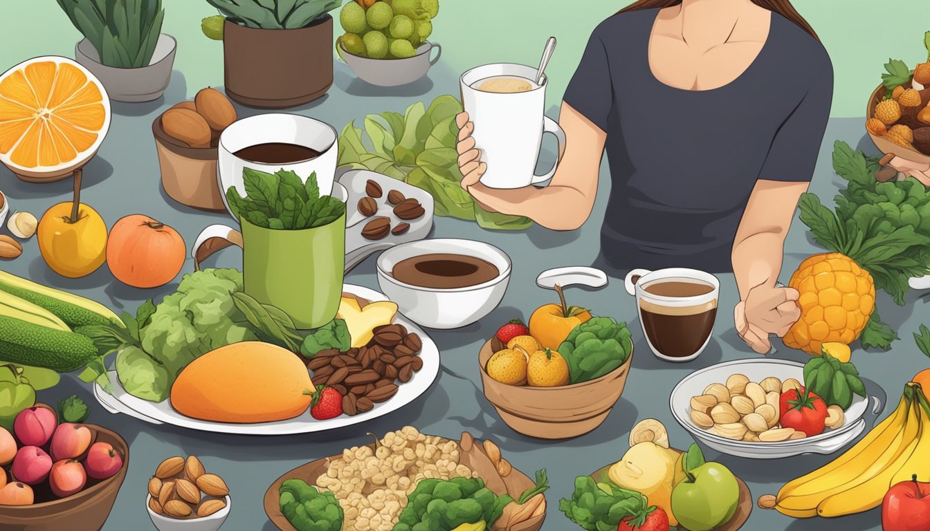 A steaming cup of coffee surrounded by various healthy food items such as fruits, vegetables, and nuts, with a nutritionist providing advice in the background