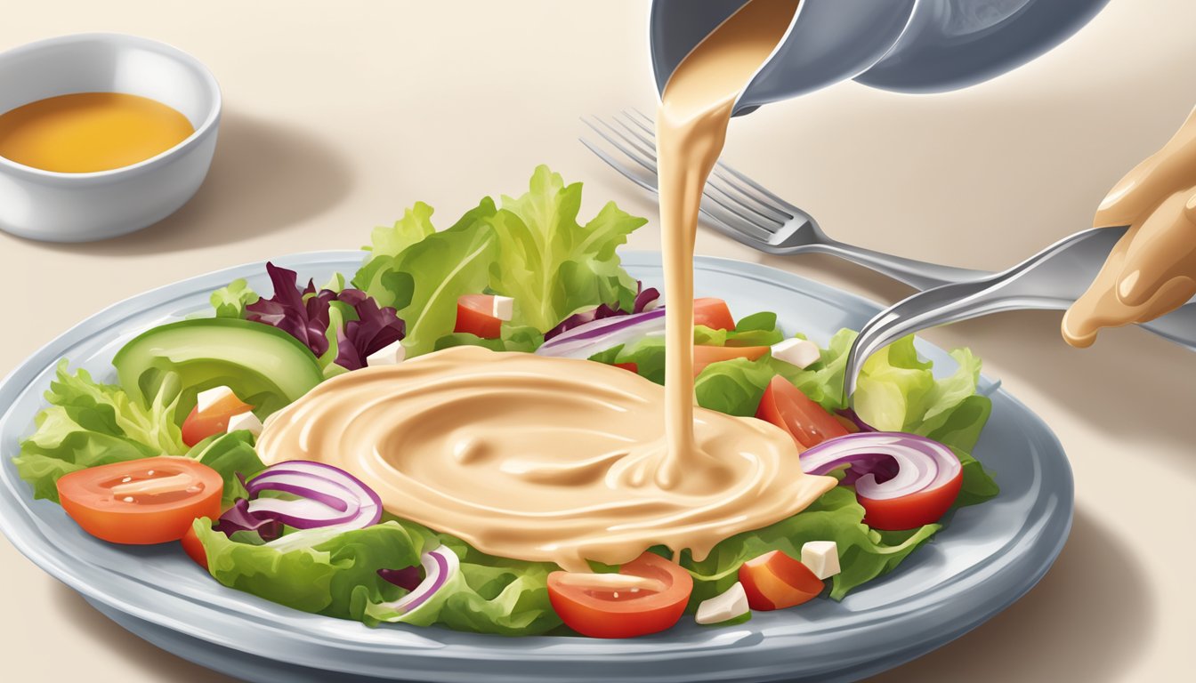 A bottle of Kraft Thousand Island dressing pouring excessively over a plate of salad