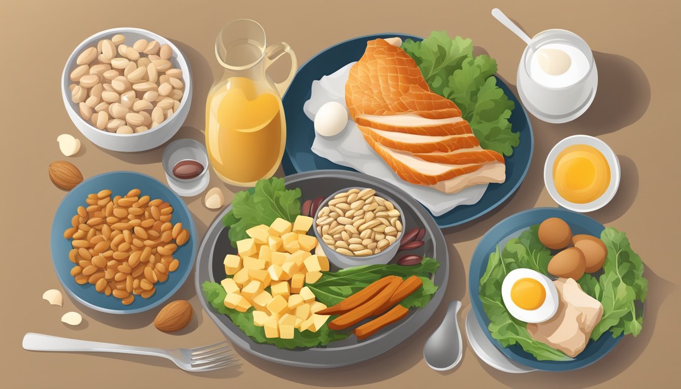 A variety of protein-rich foods displayed in a balanced meal setting, including sources such as chicken, fish, eggs, beans, and nuts