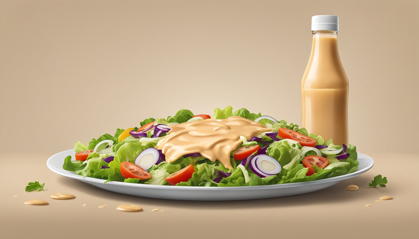 A bottle of Kraft Thousand Island dressing overflowing onto a plate of salad