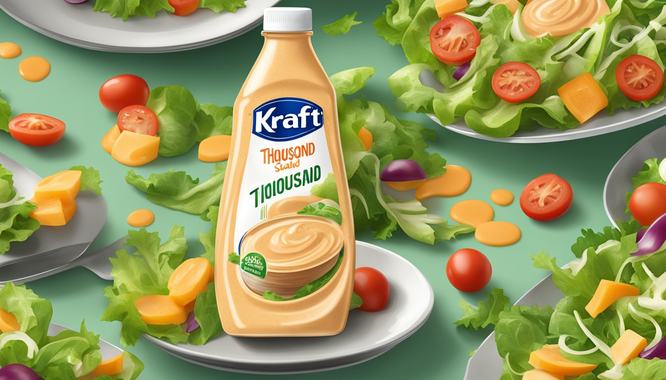 A bottle of Kraft Thousand Island dressing overflowing onto a plate of salad