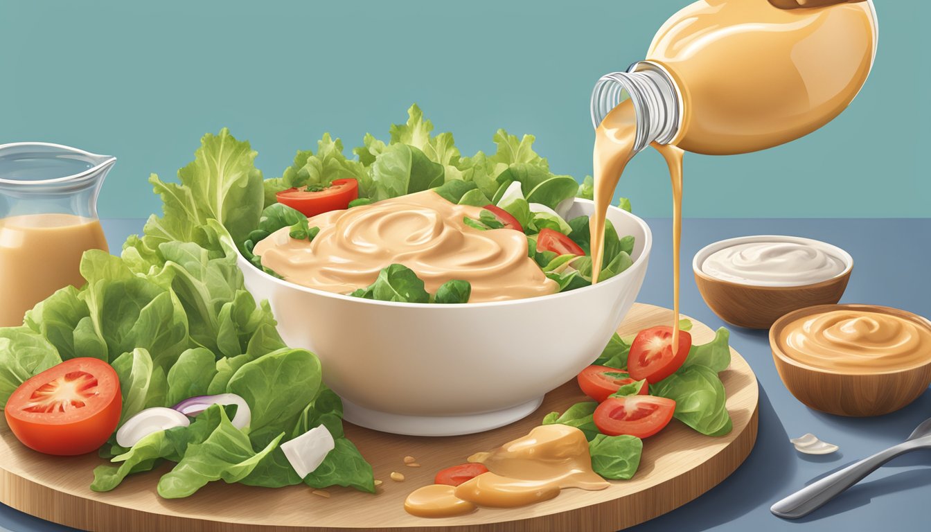 A bottle of Kraft Thousand Island dressing pouring excessively over a salad