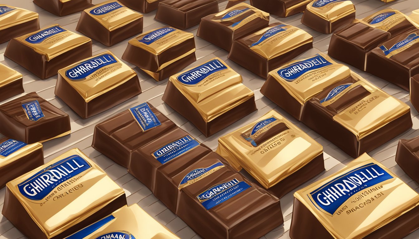 A mountain of Ghirardelli caramel chocolate bars stacked on a table, with a single bar being unwrapped and broken in half