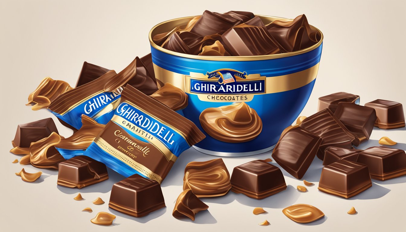 A pile of Ghirardelli caramel chocolates spilling out of an overflowing bowl, with a measuring cup next to it