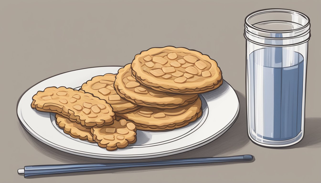 A plate of nutter butter cookies with a measuring cup next to it, indicating portion sizes