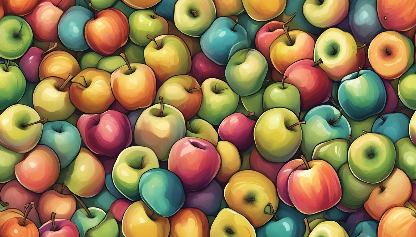 A pile of apples with various compounds swirling around them, each labeled with their specific effects