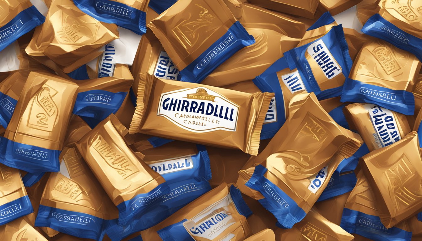 A pile of Ghirardelli caramel chocolates spilling out of a wrapper, with a warning sign and a question mark hovering above it