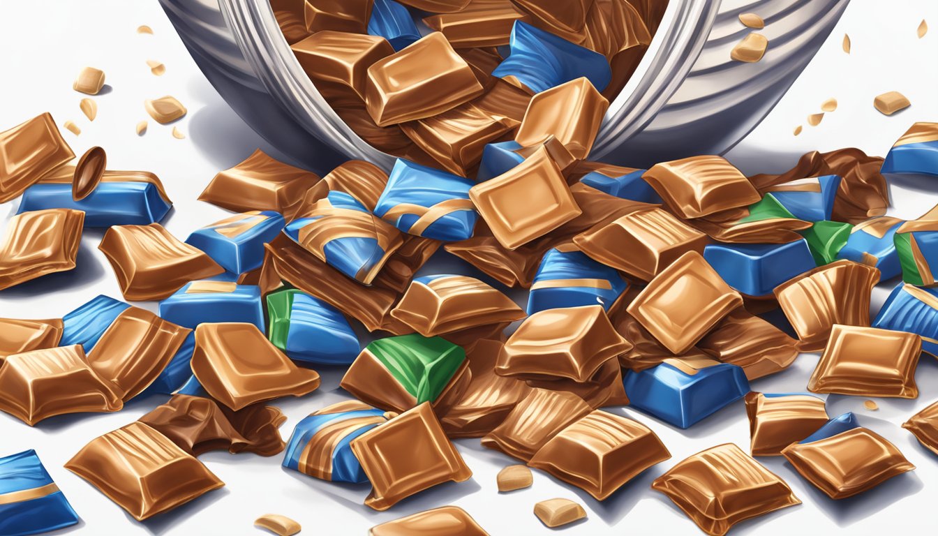 A pile of Ghirardelli caramel chocolates spilling out of an overflowing bowl, surrounded by empty wrappers