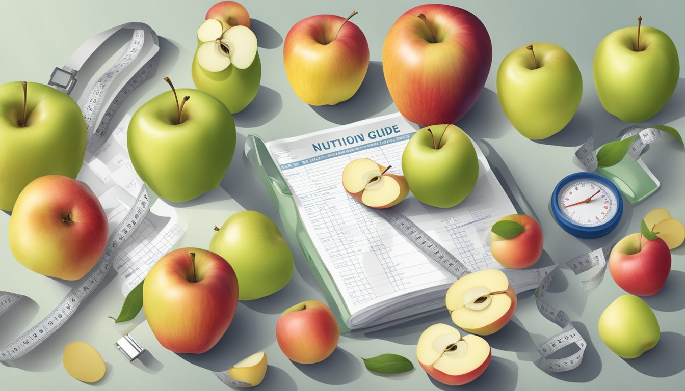 A table with a variety of apples, a measuring tape, and a nutrition guide