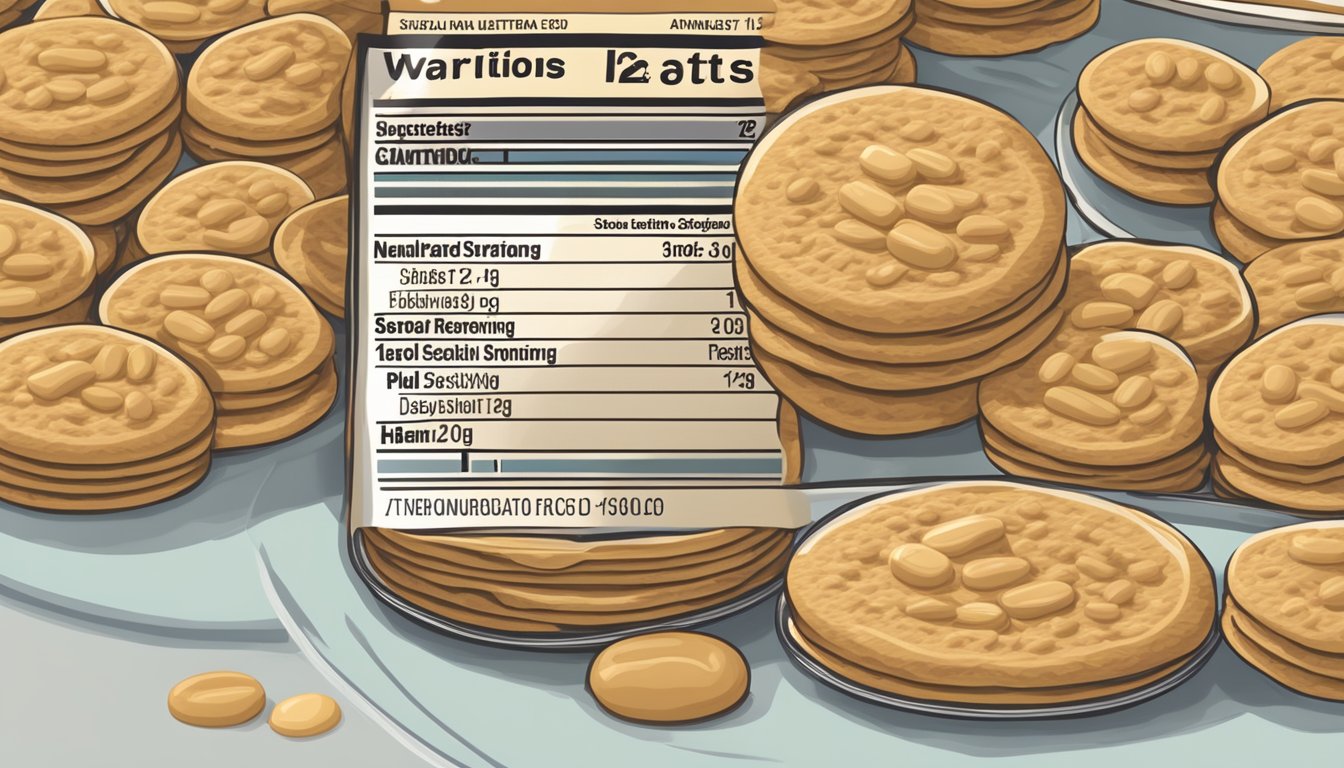 A plate of nutter butter cookies with a nutrition label showing serving sizes and health warnings