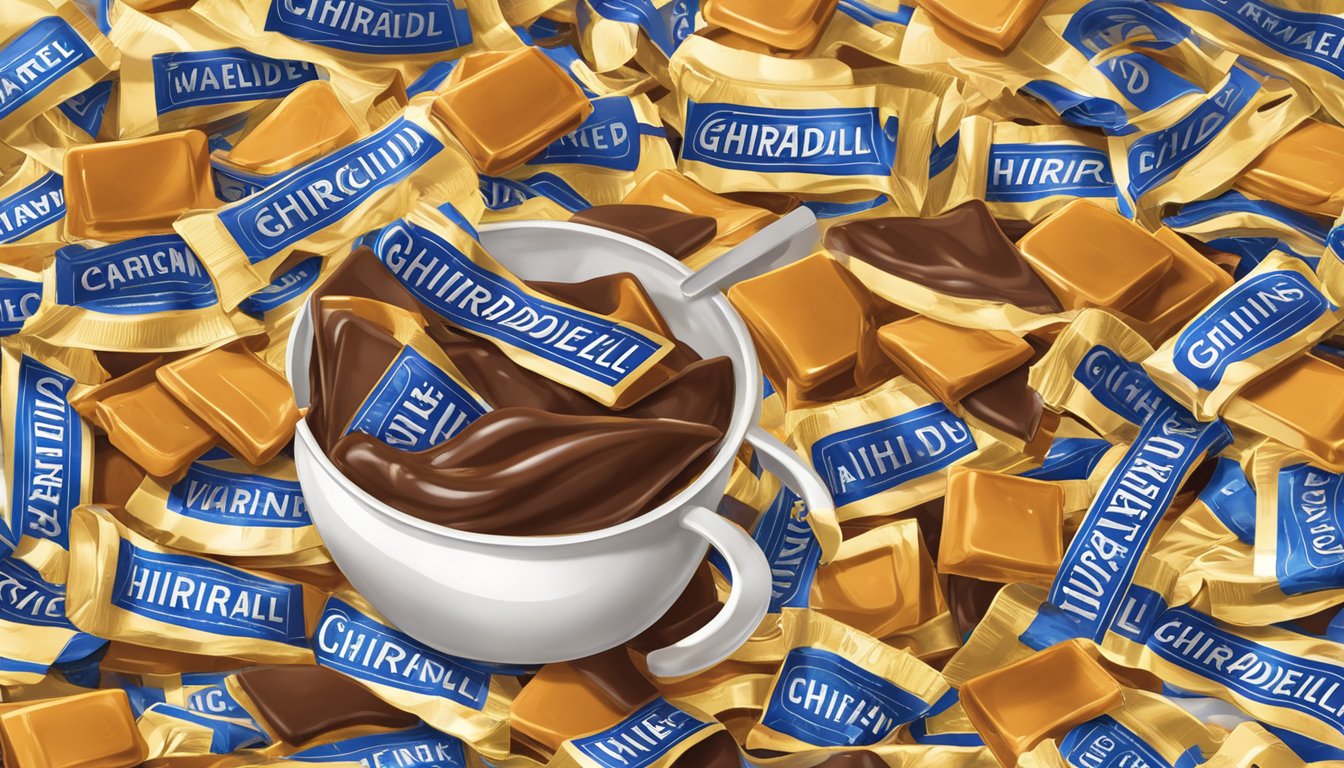 A pile of Ghirardelli caramel chocolate spilling out of a measuring cup, surrounded by warning signs and caution tape