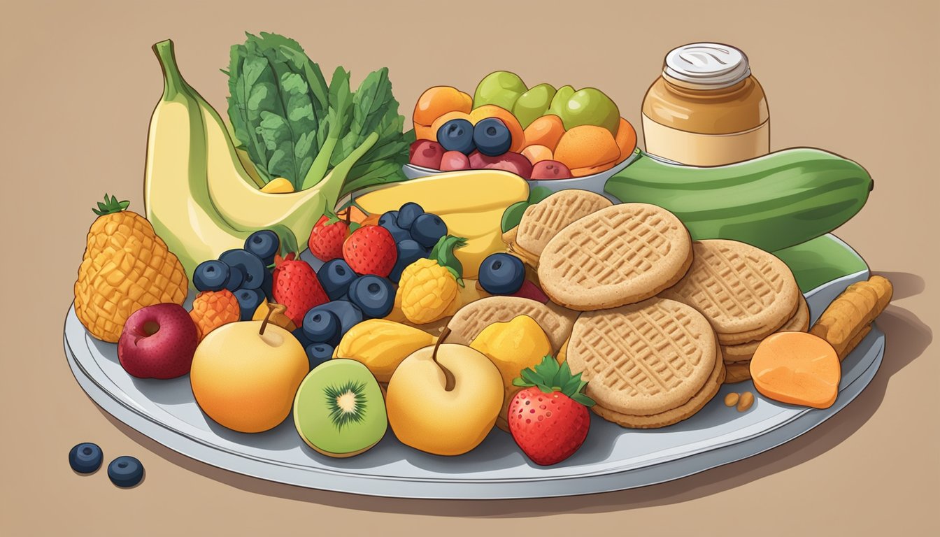 A plate of Nutter Butter cookies surrounded by fruits, vegetables, and grains on a table