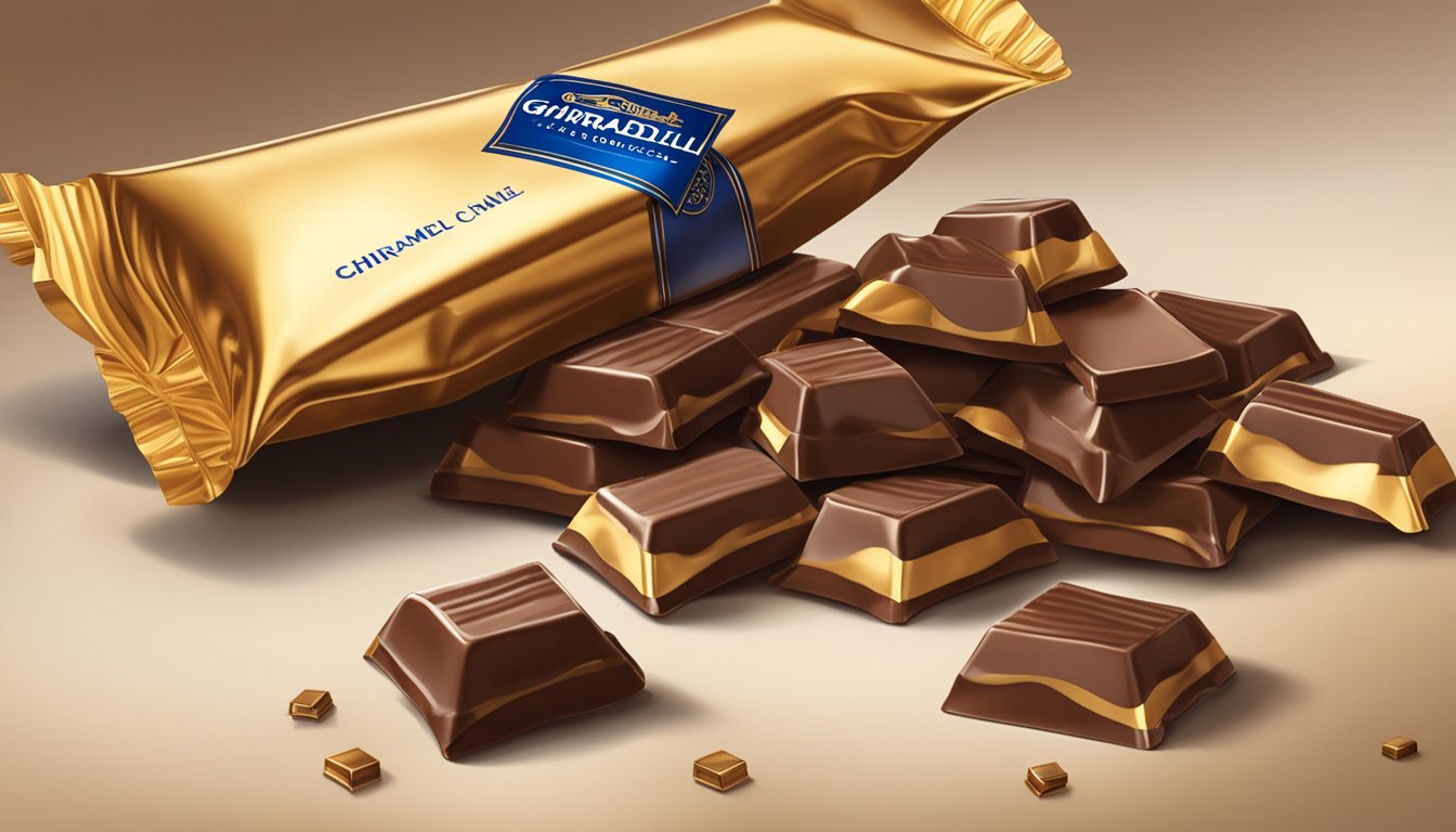 A pile of Ghirardelli caramel chocolate squares spilling out of a golden wrapper onto a fancy table set for a special occasion