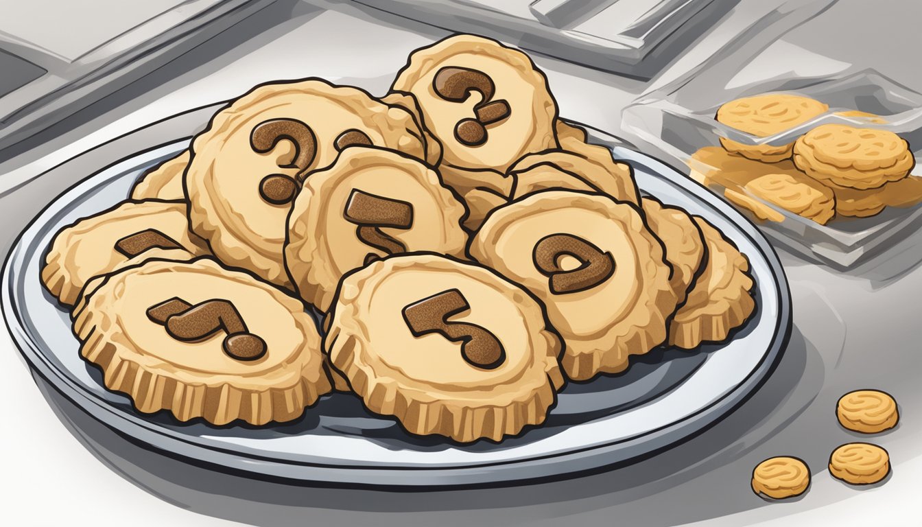 A plate of nutter butter cookies with a warning sign and a question mark above it