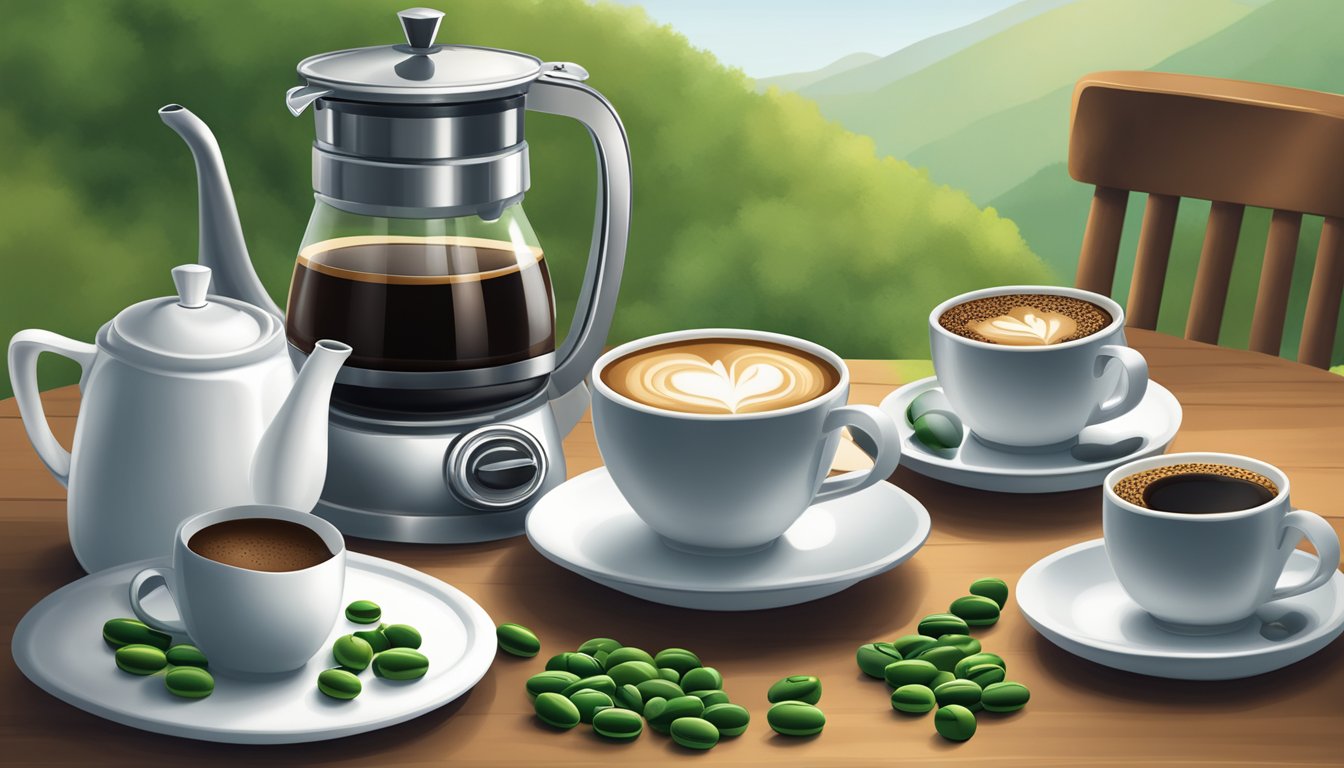 A table with multiple empty coffee cups, a full coffee pot, and a bag of green mountain coffee beans