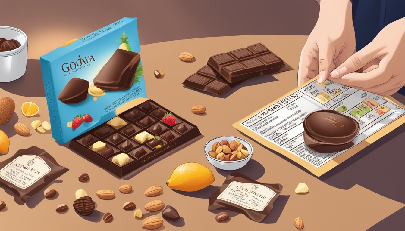 A person enjoying a small piece of Godiva chocolate, surrounded by a variety of fruits and nuts, with a nutrition label in the background