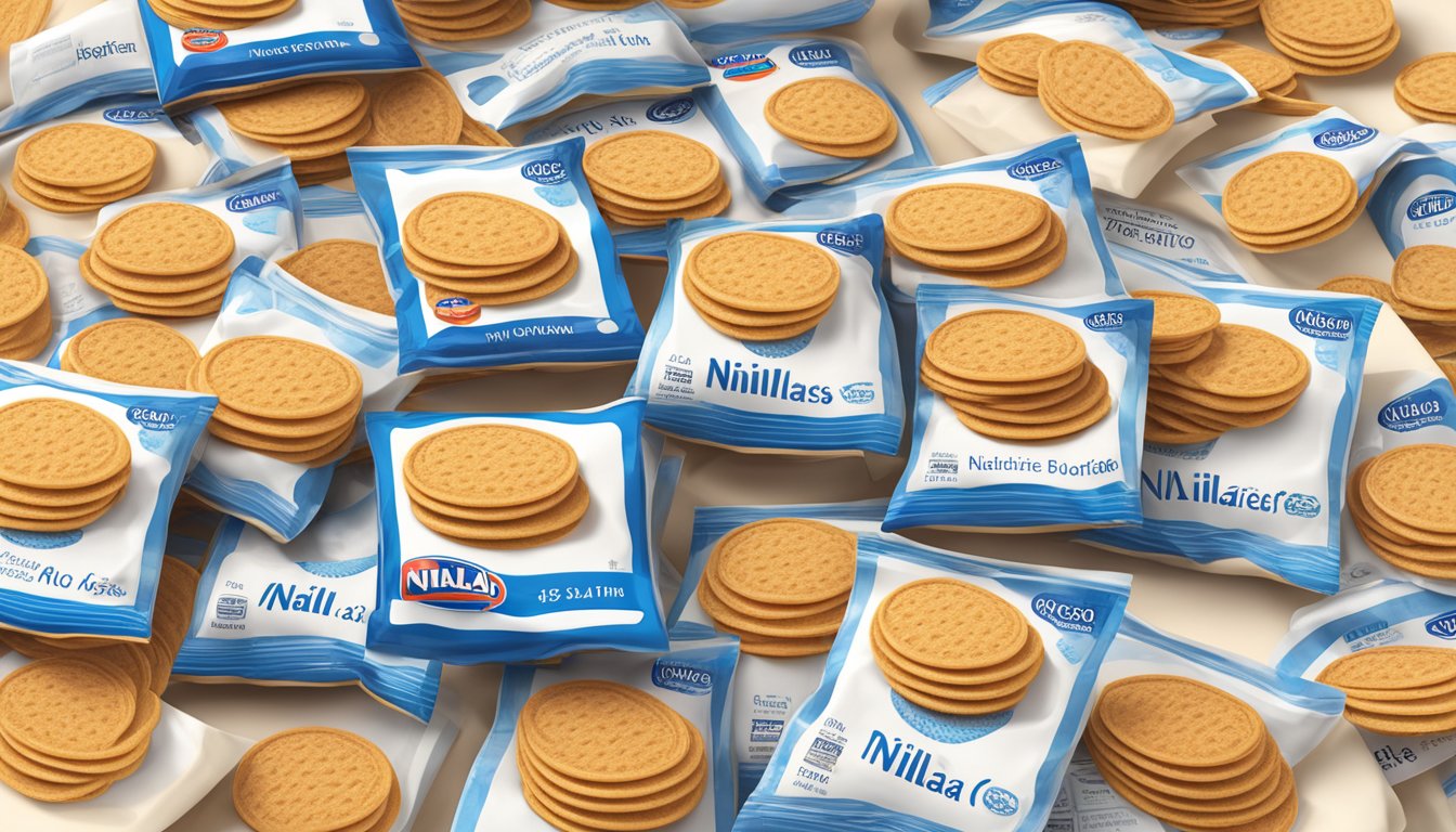 A stack of Nabisco Nilla Wafers on a plate, with a nutrition label next to it