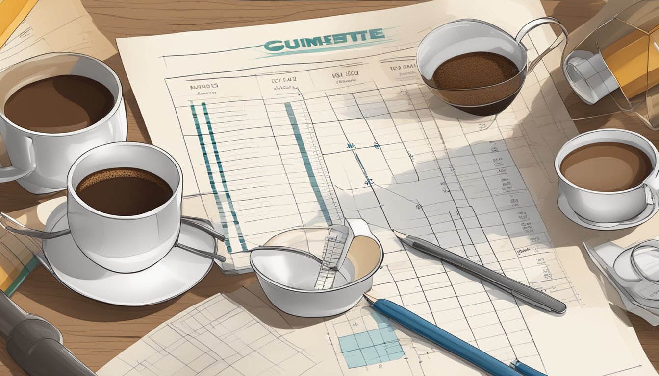 A table with multiple cups of coffee, a measuring cup, and a guideline chart