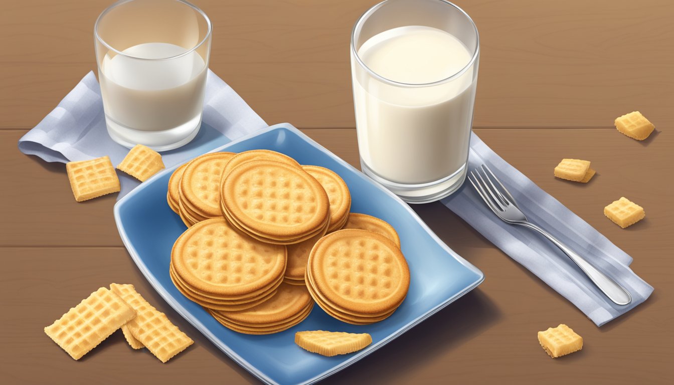 A table with a plate of Nabisco Nilla wafers and a glass of milk