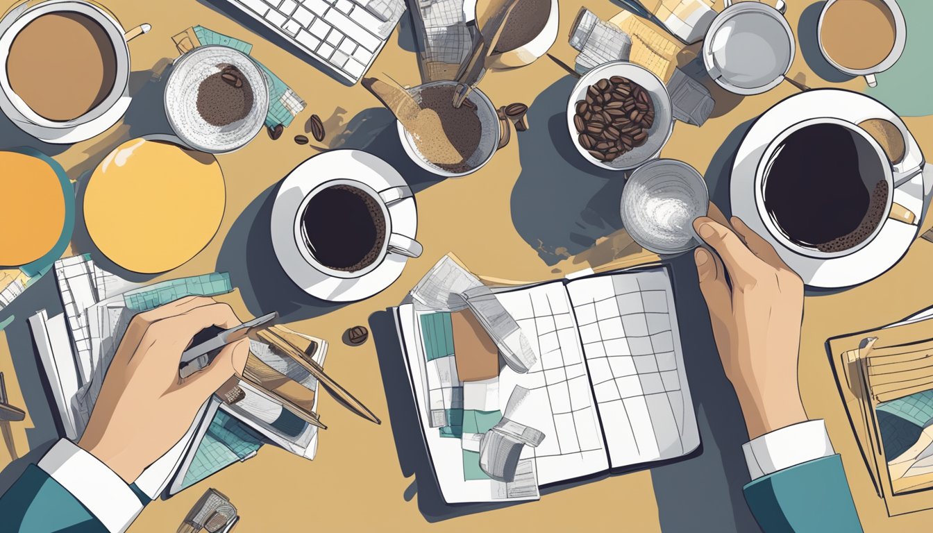 A cluttered desk with multiple empty coffee cups, a jittery hand reaching for another