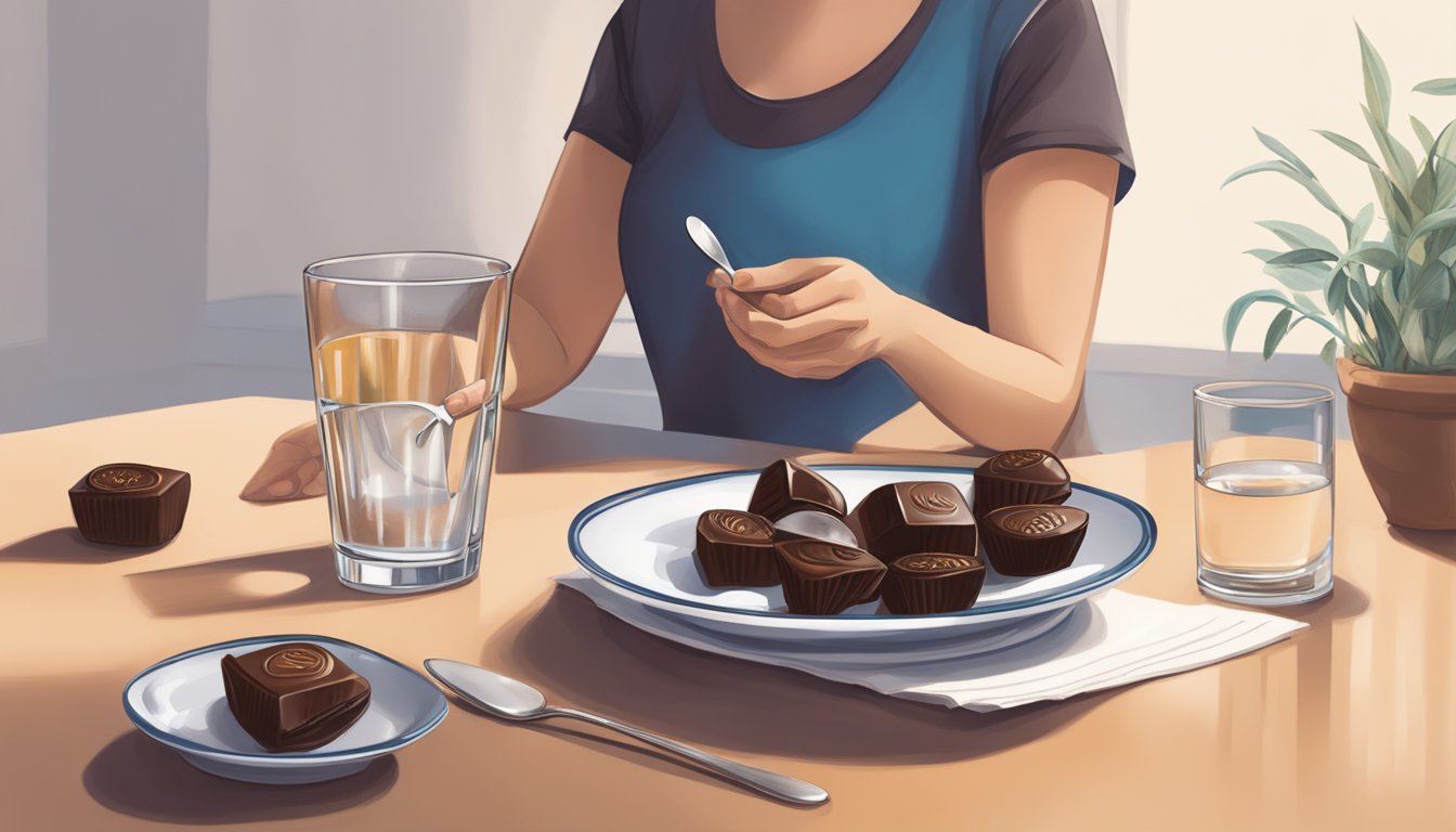 A person sits at a table with a small plate of Godiva chocolates, a glass of water, and a measuring spoon