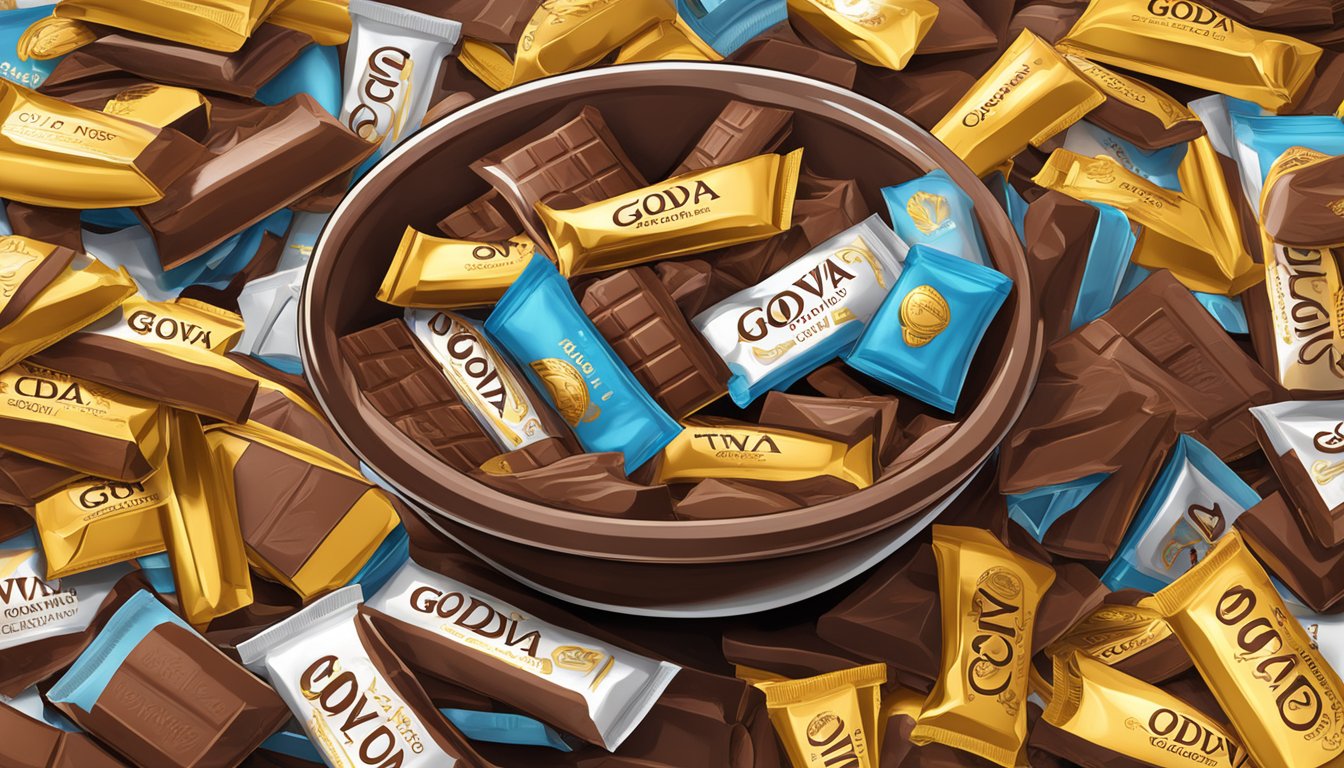 A towering pile of Godiva chocolate bars spilling out of an overflowing bowl, surrounded by warning signs and caution tape