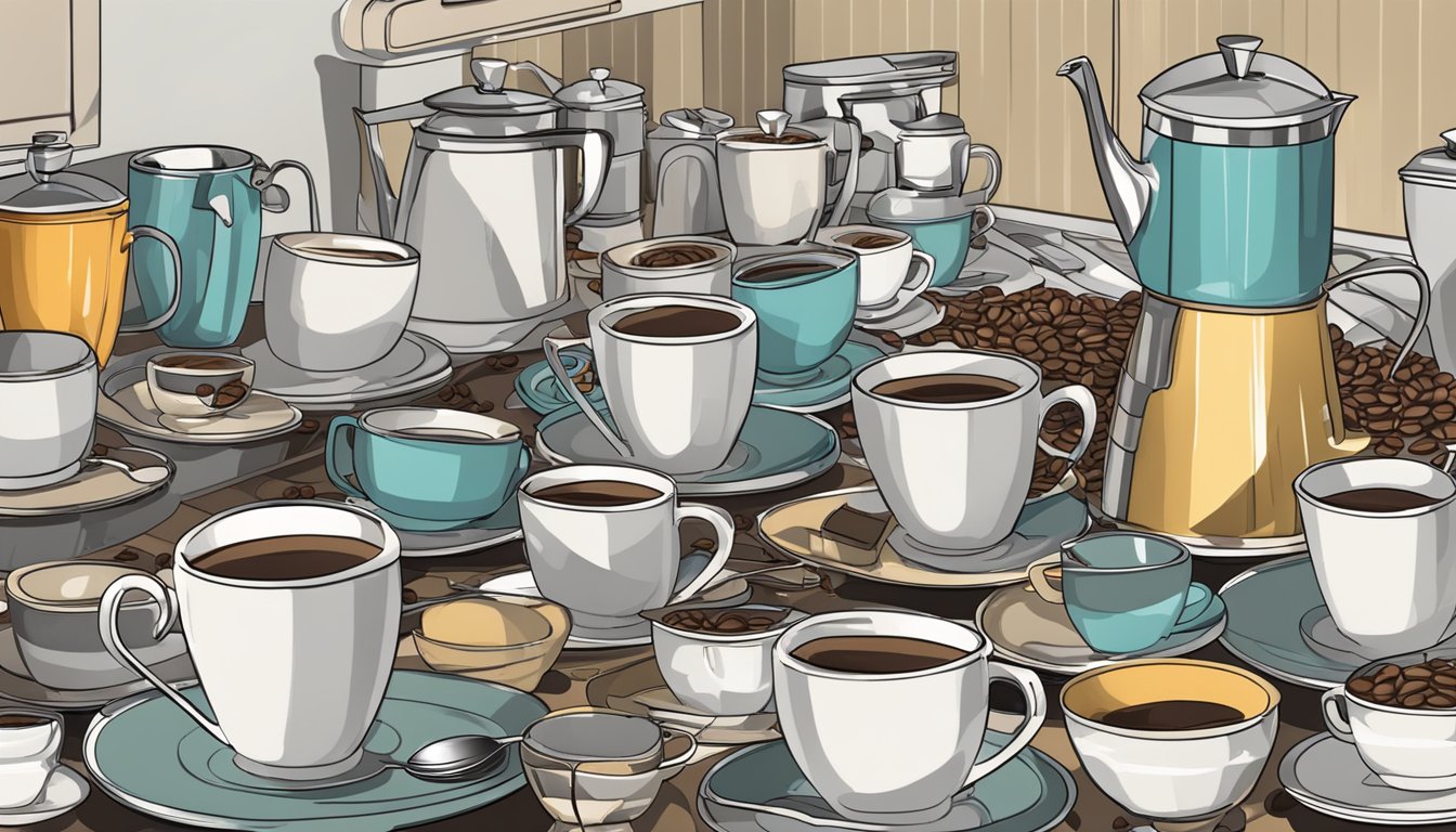 A crowded kitchen counter with multiple empty coffee cups and a overflowing coffee pot