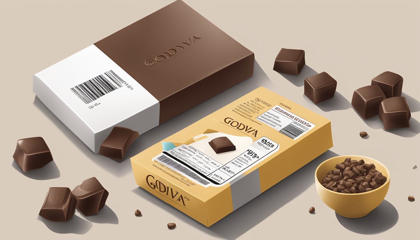 A table with scattered Godiva chocolate wrappers, a half-eaten box, and a concerned nutrition label