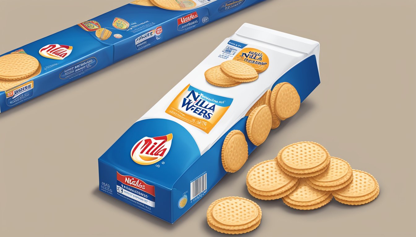 A hand reaching for a box of Nabisco Nilla Wafers, with the nutrition label and ingredients list prominently displayed on the packaging