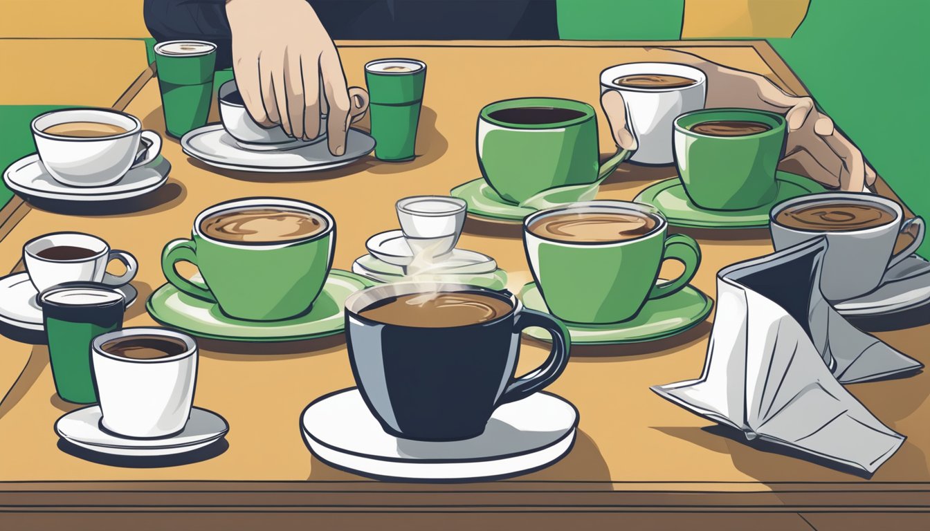 A table with multiple empty and partially full coffee cups, a bag of green mountain coffee, and a person looking overwhelmed