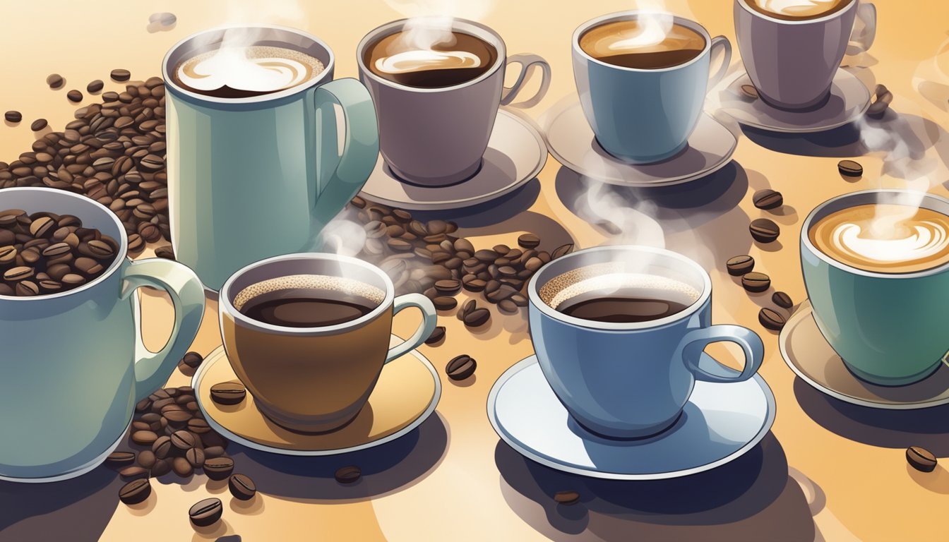 A table with multiple cups of coffee, some empty and some full, surrounded by scattered coffee beans and a steaming coffee pot