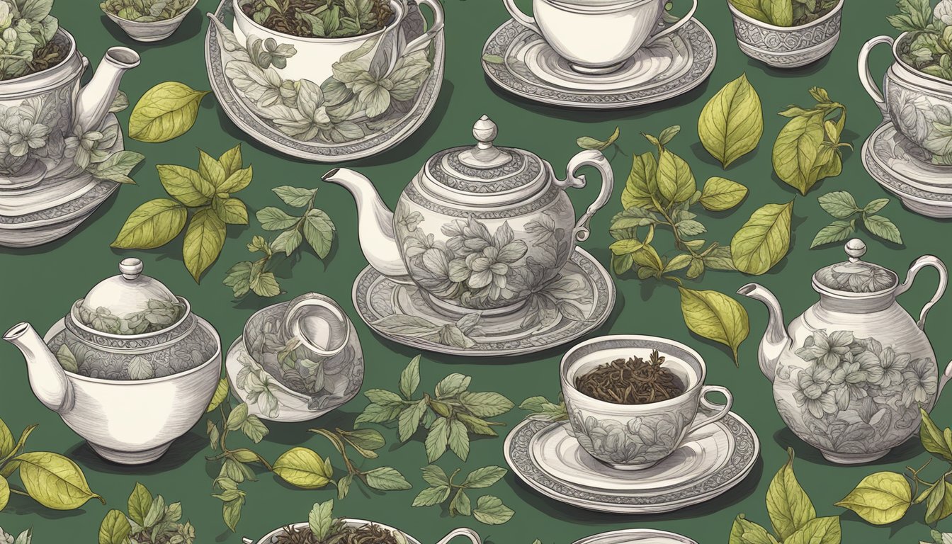 A table set with various types of tea cups and teapots, surrounded by different varieties of tea leaves and herbs