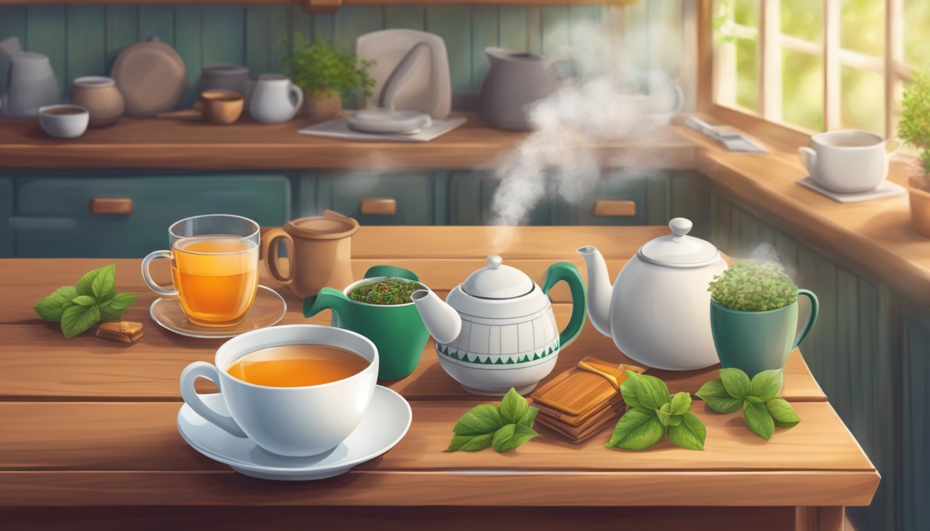 A cozy kitchen with a steaming cup of PG Tips tea on a wooden table, surrounded by a variety of colorful tea leaves and a teapot