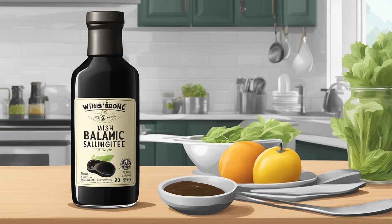 A bottle of Wish-Bone Balsamic Vinaigrette sits on a kitchen counter, with a measuring spoon next to it, indicating the portion size for daily consumption