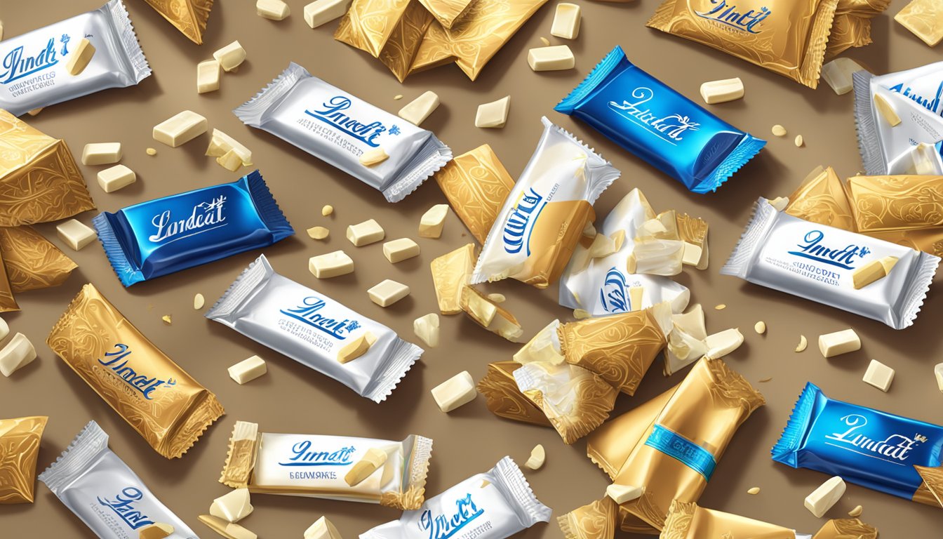 A table with an overflowing pile of Lindt white chocolate bars and wrappers scattered around