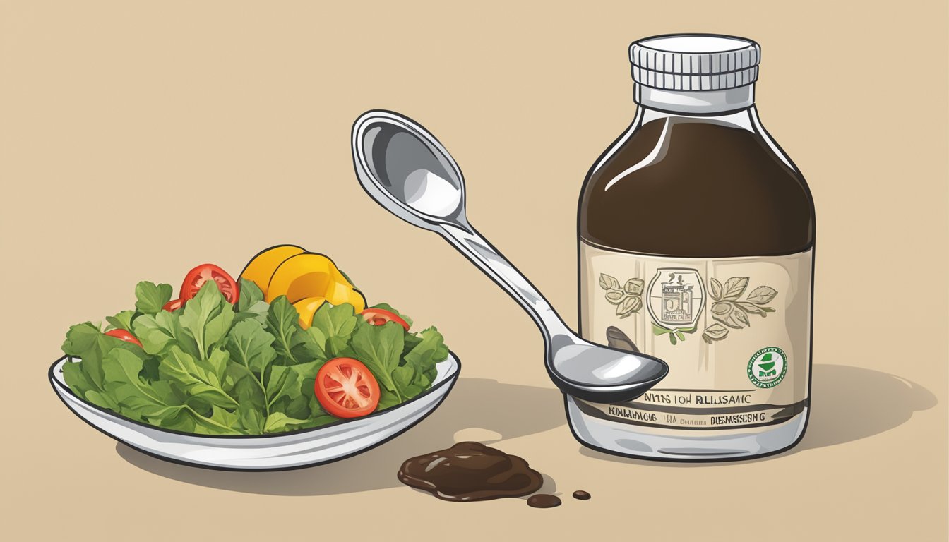 A bottle of Wish-Bone Balsamic Vinaigrette dressing with a measuring spoon next to it, indicating portion control