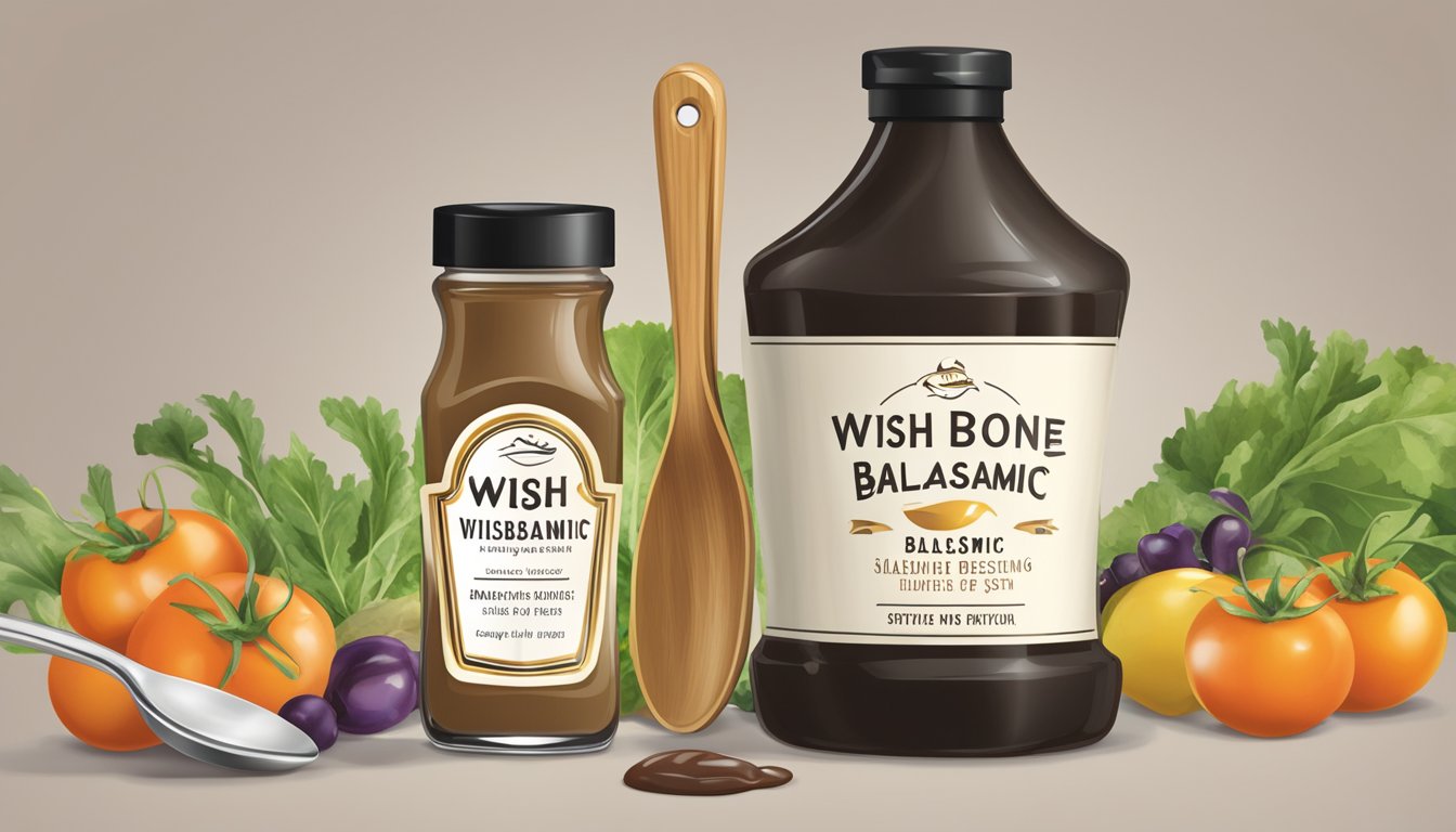 A bottle of Wish Bone Balsamic Vinaigrette dressing with a measuring spoon next to it, indicating portion size