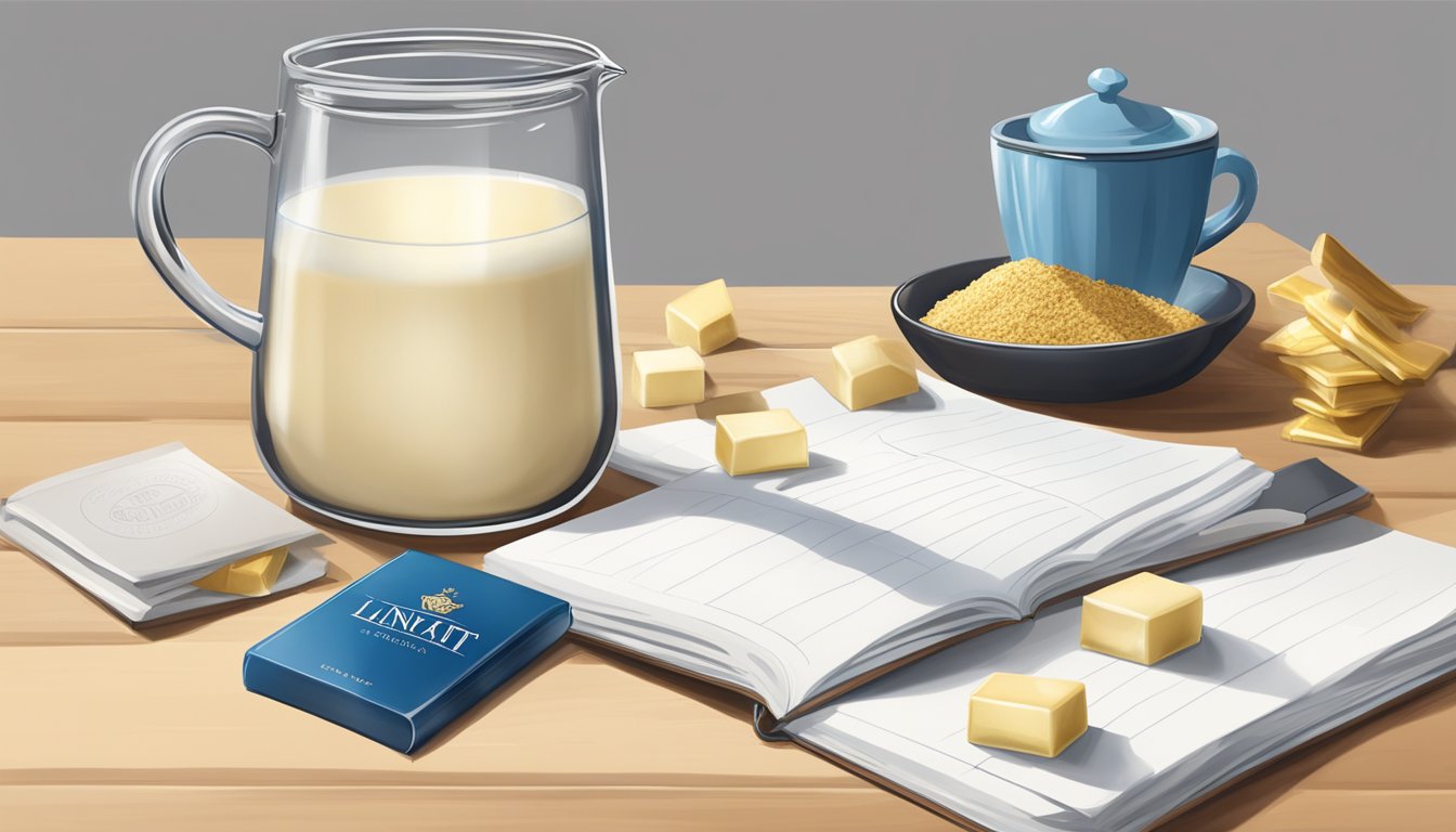 A table with an open bag of Lindt white chocolate, a measuring cup, and a journal for tracking daily intake