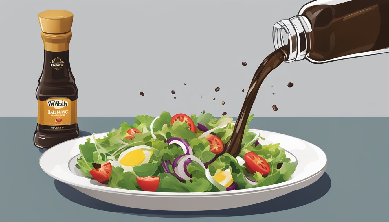 A bottle of Wish-Bone balsamic vinaigrette pouring excessively onto a salad