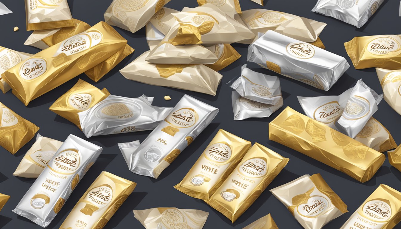 A table filled with Lindt white chocolate bars, with a pile of empty wrappers nearby