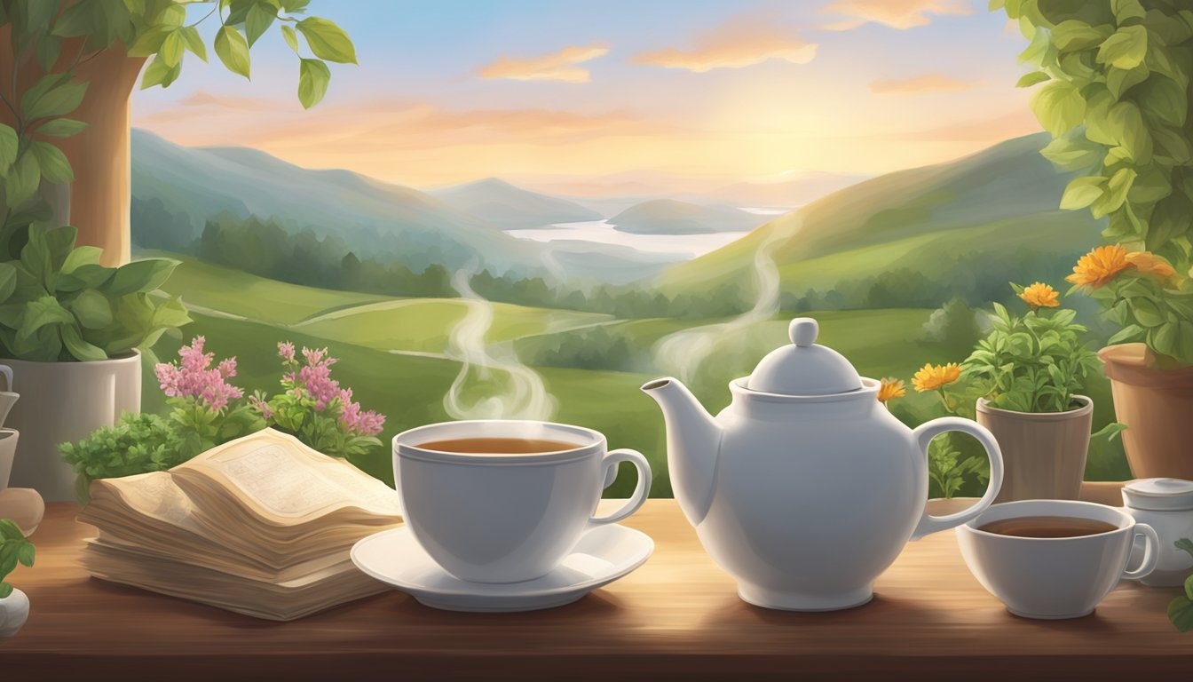 A steaming cup of PG Tips tea surrounded by a serene setting with a teapot, fresh herbs, and a cozy atmosphere