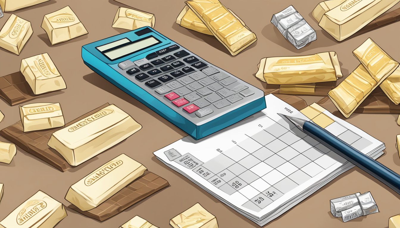 A table with a pile of Lindt white chocolate bars, a nutrition label, and a calculator