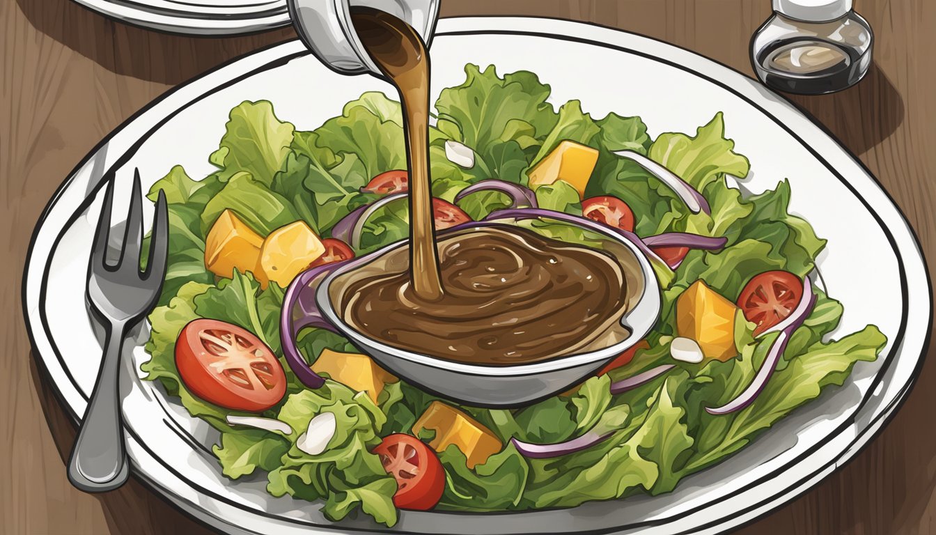 A bottle of wish bone balsamic vinaigrette pouring excessively over a salad