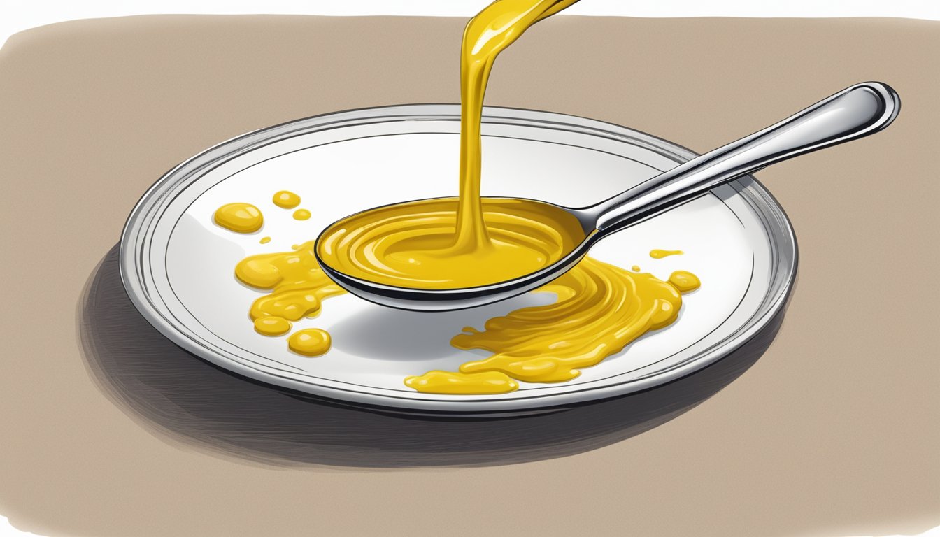 A dollop of Colman's English Mustard overflowing from a spoon onto a plate