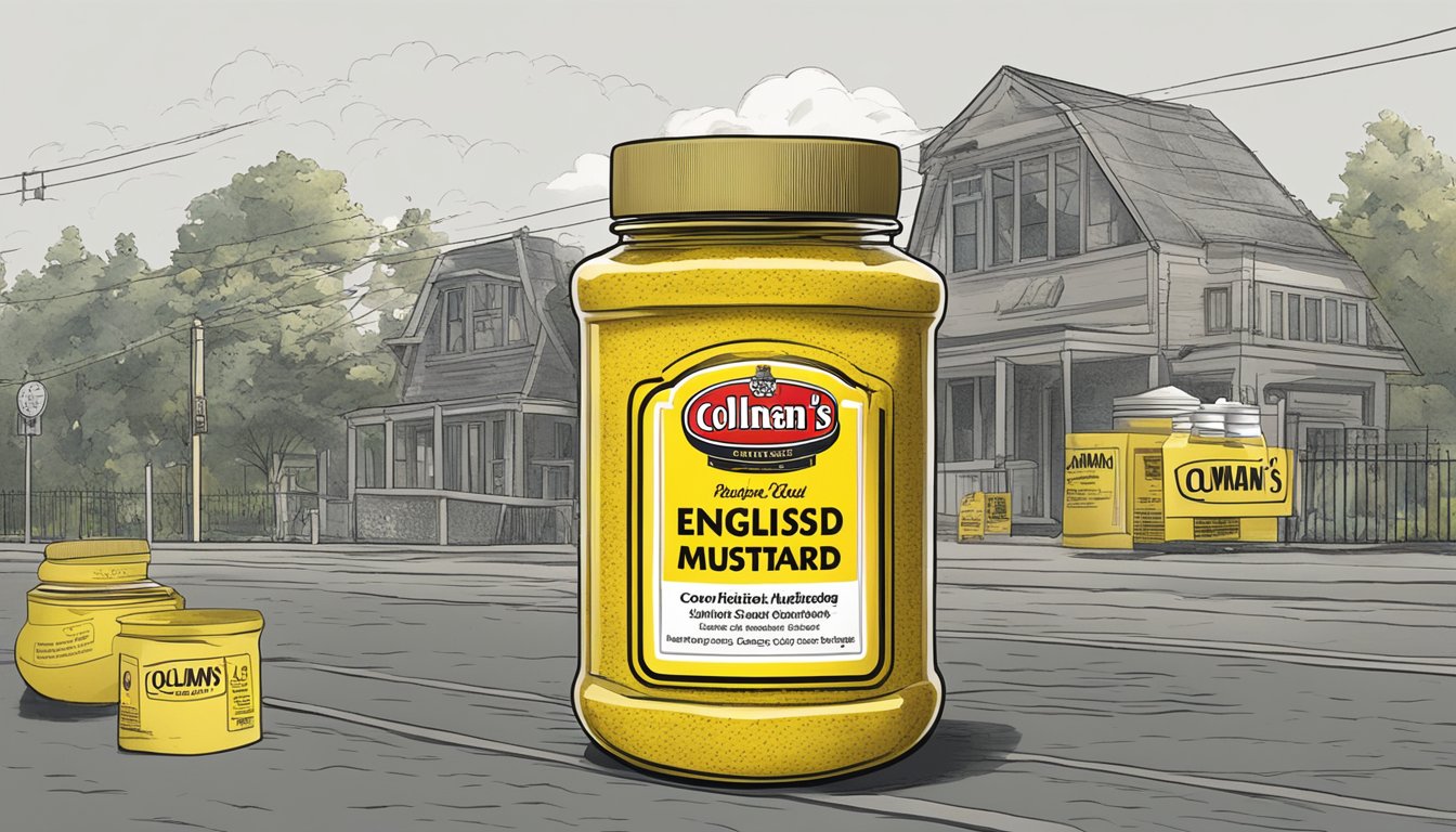 A jar of Colman's English mustard overflowing with a caution sign nearby