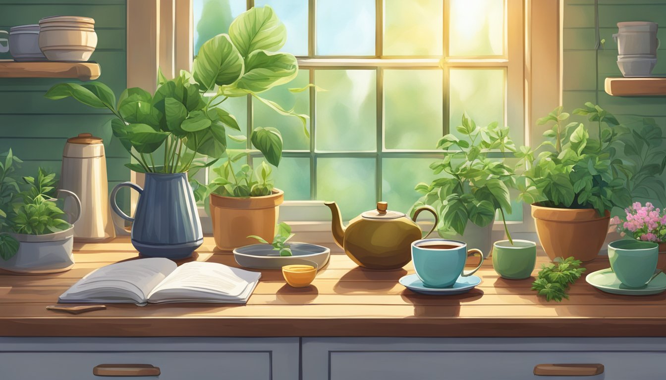 A cozy kitchen with a steaming cup of Stash tea on a wooden table, surrounded by vibrant green plants and natural light streaming through the window