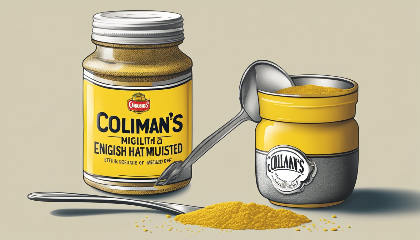 A table with a bottle of Colman's English mustard and a measuring spoon, with a warning sign indicating exceeding healthy limits